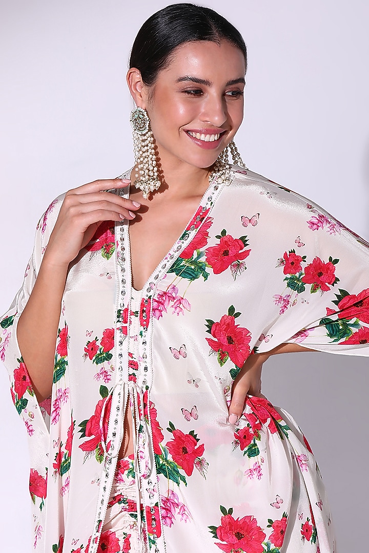 White Crepe Floral Printed & Embellished Ruffled Kaftan Set by Sakshi Girri at Pernia's Pop Up Shop