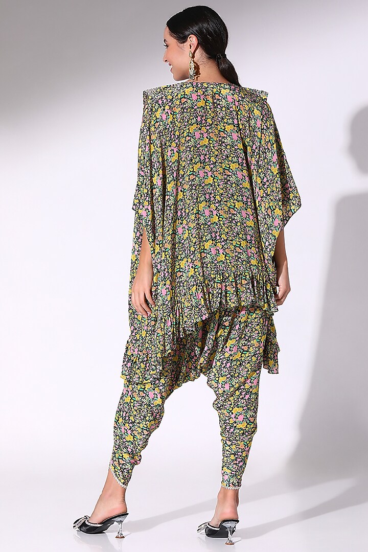 Black Crepe Floral Printed Ruffle Kaftan Set by Sakshi Girri at Pernia's Pop Up Shop