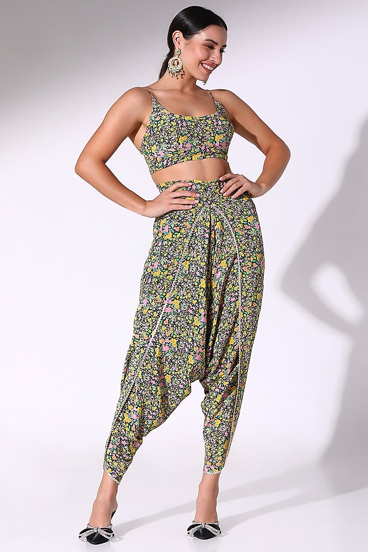 Black Crepe Floral Printed Ruffle Kaftan Set by Sakshi Girri at Pernia's Pop Up Shop