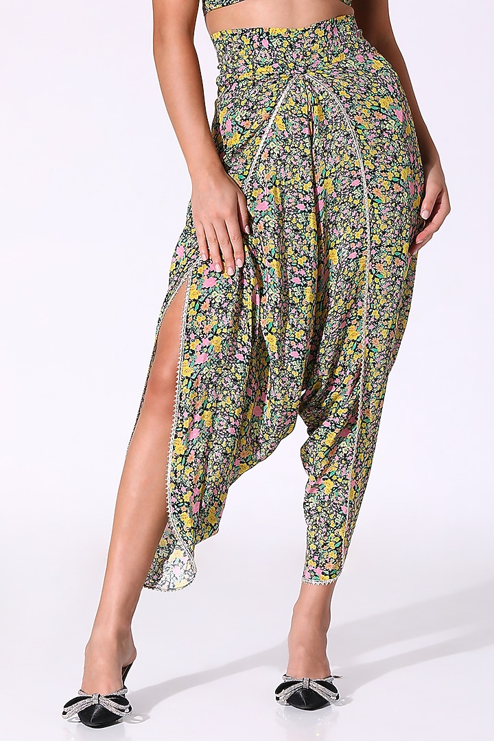 Black Crepe Floral Printed Ruffle Kaftan Set by Sakshi Girri at Pernia's Pop Up Shop
