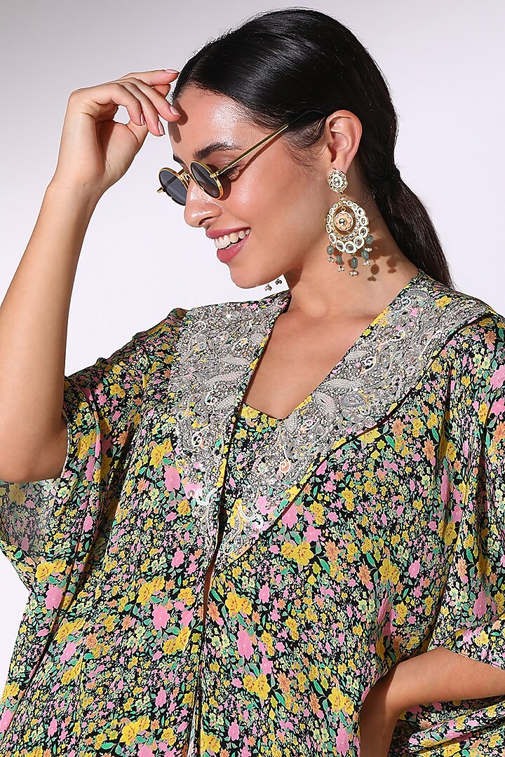 Black Crepe Floral Printed Ruffle Kaftan Set by Sakshi Girri at Pernia's Pop Up Shop