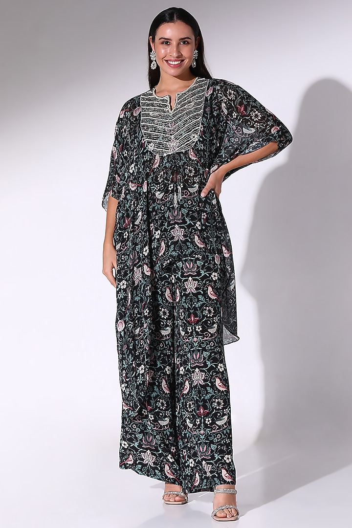 Black Chiffon & Crepe Printed Kaftan Set by Sakshi Girri at Pernia's Pop Up Shop