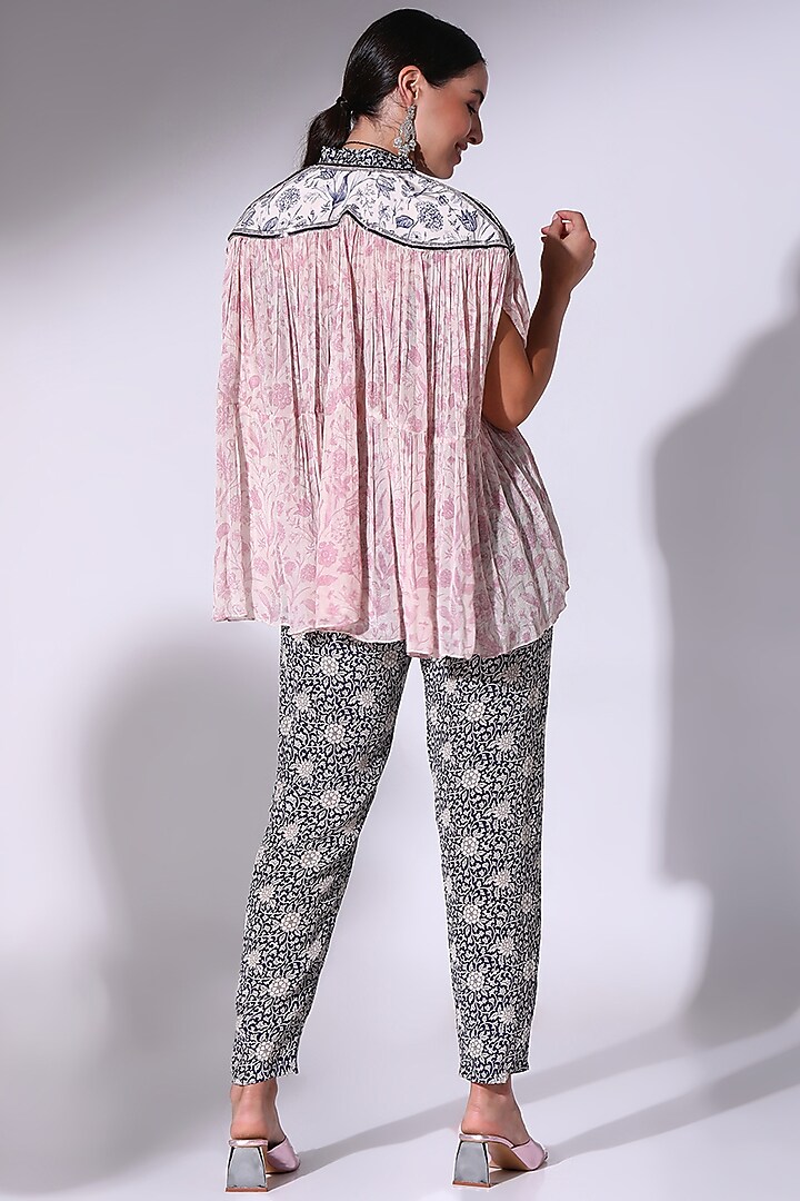 Dusty Pink & Navy Blue Crepe Gathered Kaftan Set by Sakshi Girri at Pernia's Pop Up Shop