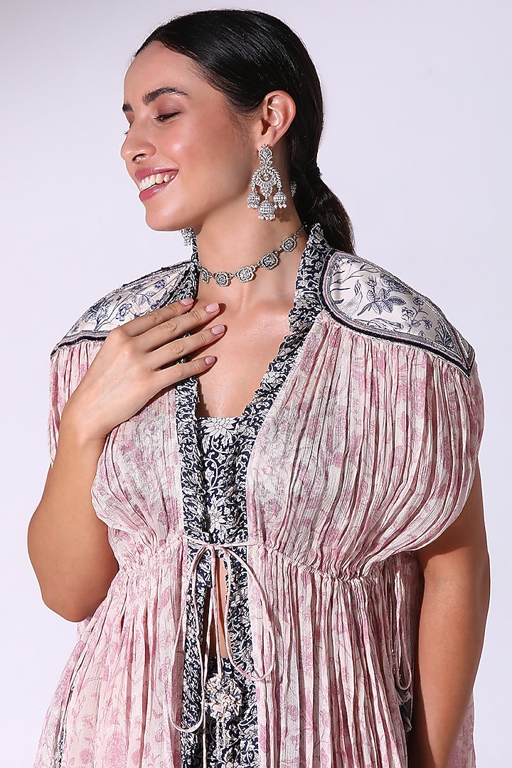 Dusty Pink & Navy Blue Crepe Gathered Kaftan Set by Sakshi Girri at Pernia's Pop Up Shop