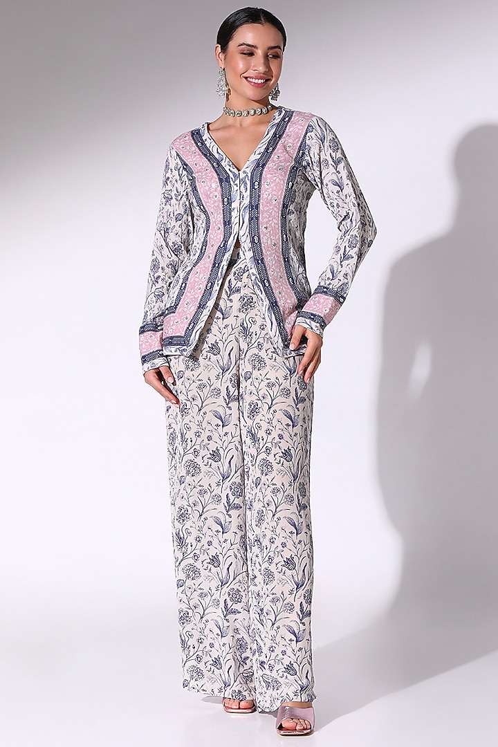 Navy Blue & Dusty Pink Crepe Floral Printed Co-Ord Set by Sakshi Girri at Pernia's Pop Up Shop
