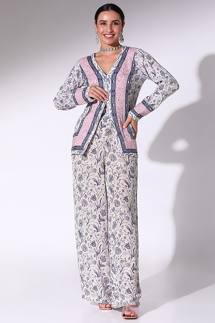 Navy Blue & Dusty Pink Crepe Floral Printed Co-Ord Set by Sakshi Girri at Pernia's Pop Up Shop