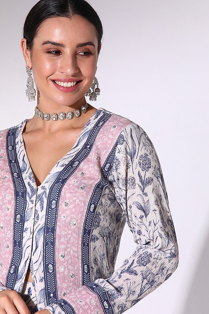 Navy Blue & Dusty Pink Crepe Floral Printed Co-Ord Set by Sakshi Girri at Pernia's Pop Up Shop