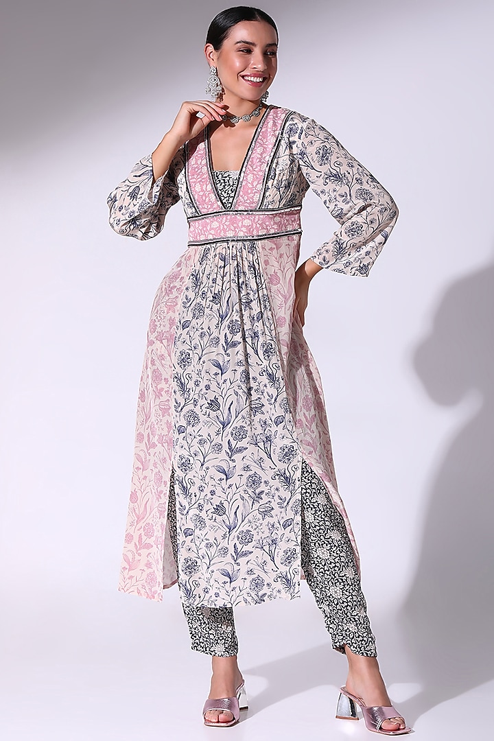 Navy Blue & Dusty Pink Crepe Floral Printed Tunic Set by Sakshi Girri