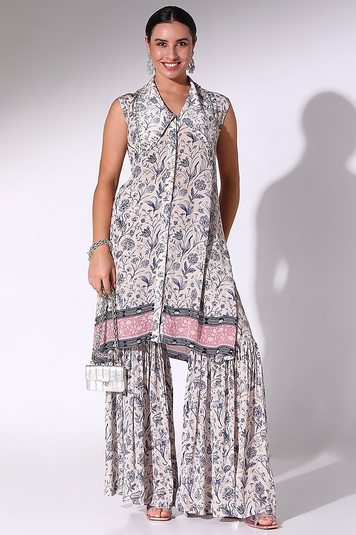 Navy Blue & Dusty Pink Crepe Floral Printed Tunic Set by Sakshi Girri at Pernia's Pop Up Shop