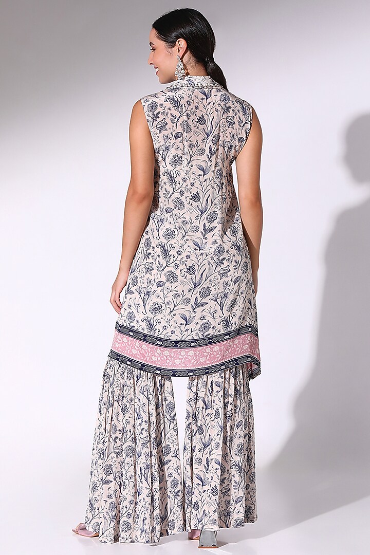Navy Blue & Dusty Pink Crepe Floral Printed Tunic Set by Sakshi Girri at Pernia's Pop Up Shop