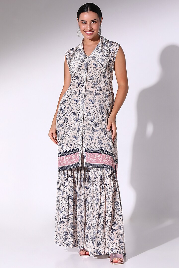 Navy Blue & Dusty Pink Crepe Floral Printed Tunic Set by Sakshi Girri at Pernia's Pop Up Shop