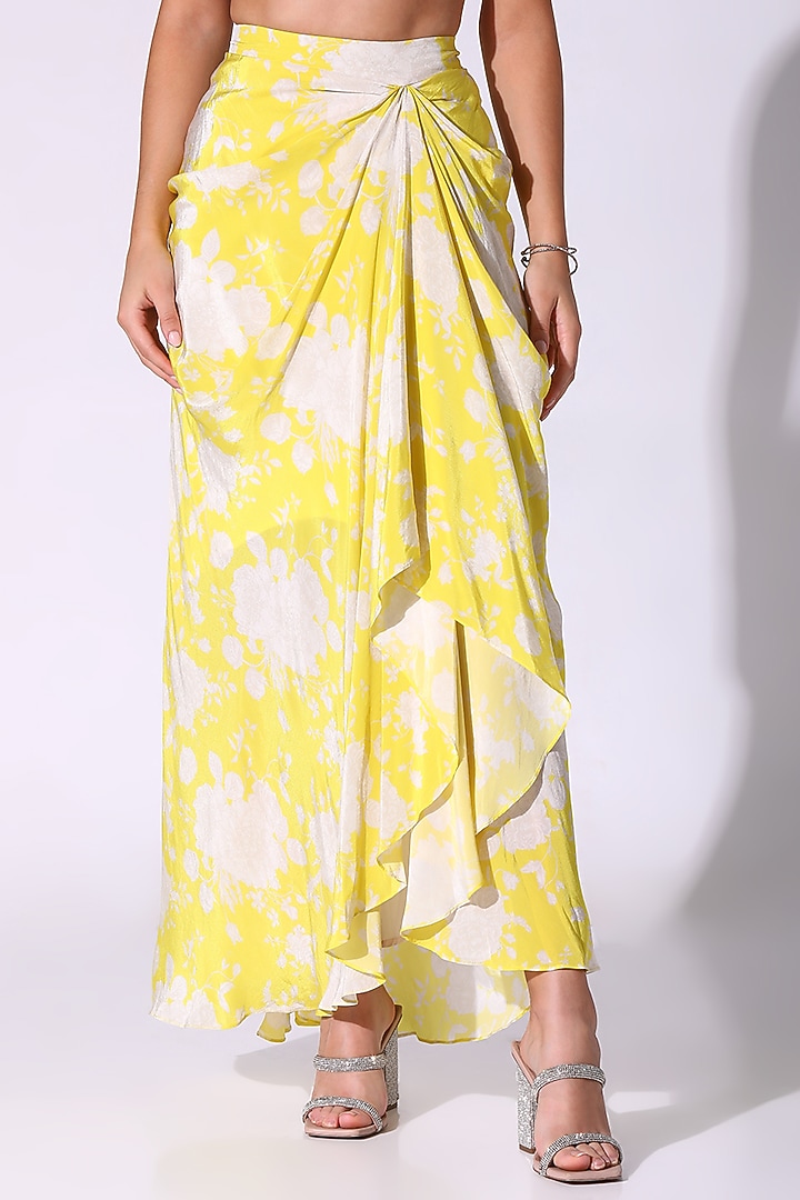 Yellow Crepe Floral Printed Draped Skirt Set by Sakshi Girri at Pernia's Pop Up Shop
