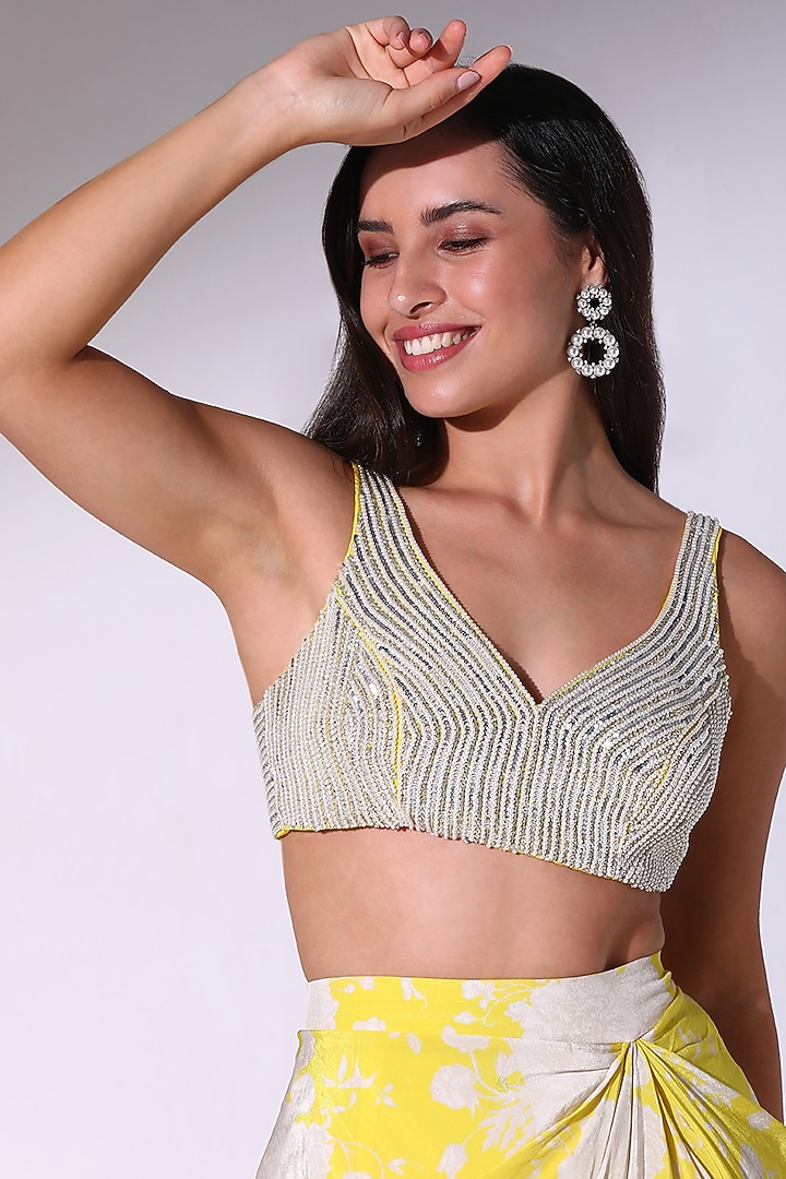 Yellow Crepe Floral Printed Draped Skirt Set by Sakshi Girri at Pernia's Pop Up Shop