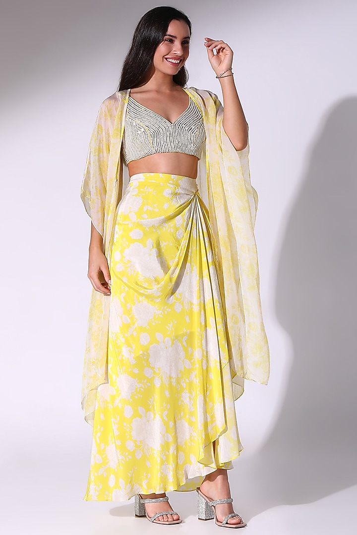 Yellow Crepe Floral Printed Draped Skirt Set by Sakshi Girri at Pernia's Pop Up Shop