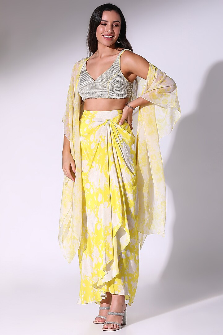 Yellow Crepe Floral Printed Draped Skirt Set by Sakshi Girri at Pernia's Pop Up Shop
