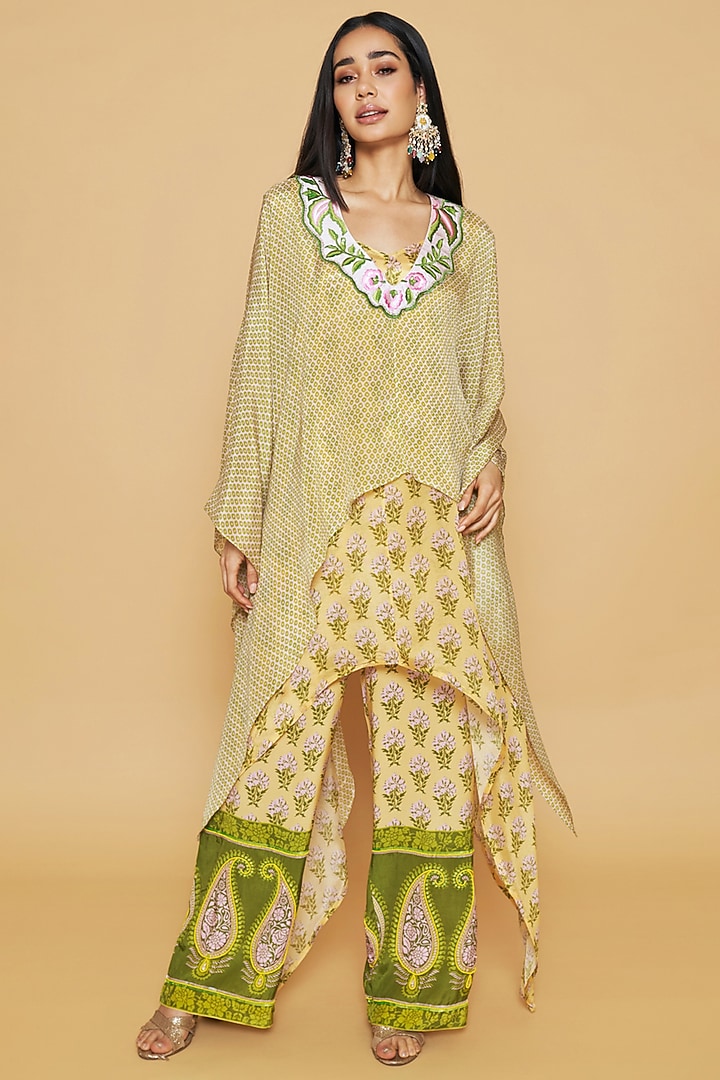 Green & Yellow Chiffon Floral Printed Layered Tunic Set by Sakshi Girri at Pernia's Pop Up Shop