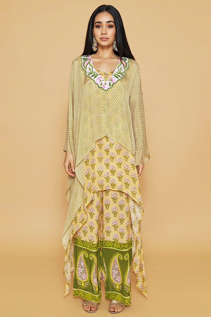 Green & Yellow Chiffon Floral Printed Layered Tunic Set by Sakshi Girri at Pernia's Pop Up Shop