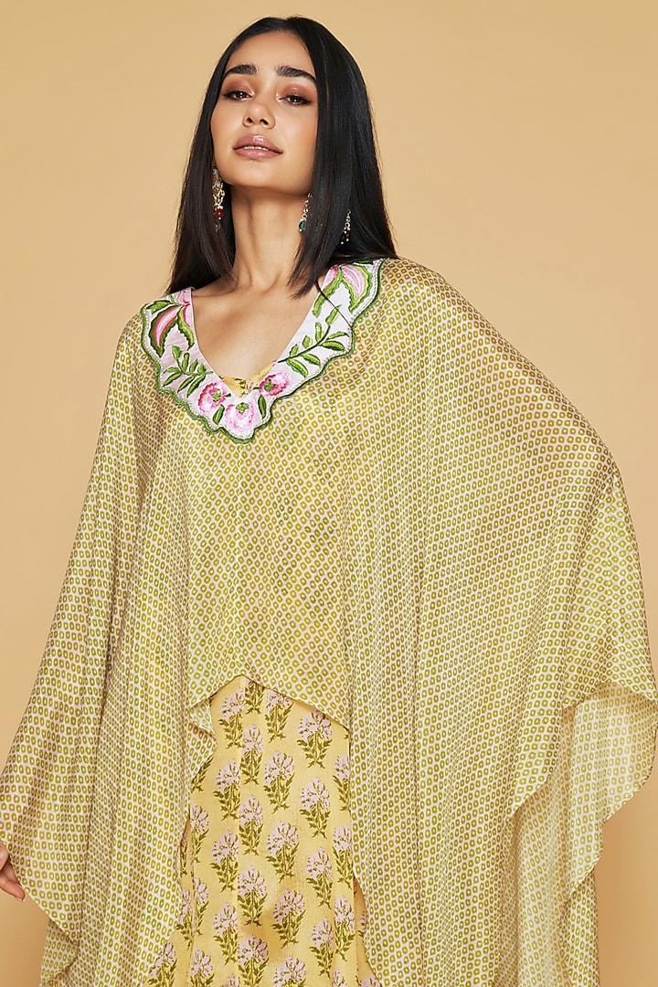 Green & Yellow Chiffon Floral Printed Layered Tunic Set by Sakshi Girri at Pernia's Pop Up Shop