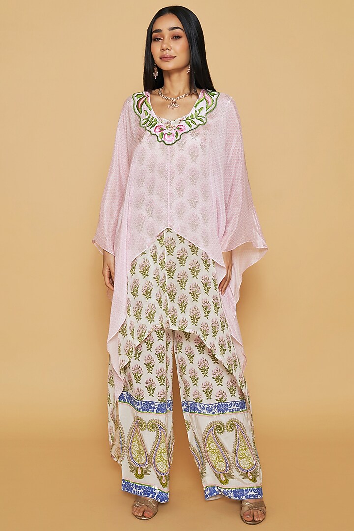 Pink & Ivory Chiffon Floral Printed Layered Tunic Set by Sakshi Girri at Pernia's Pop Up Shop