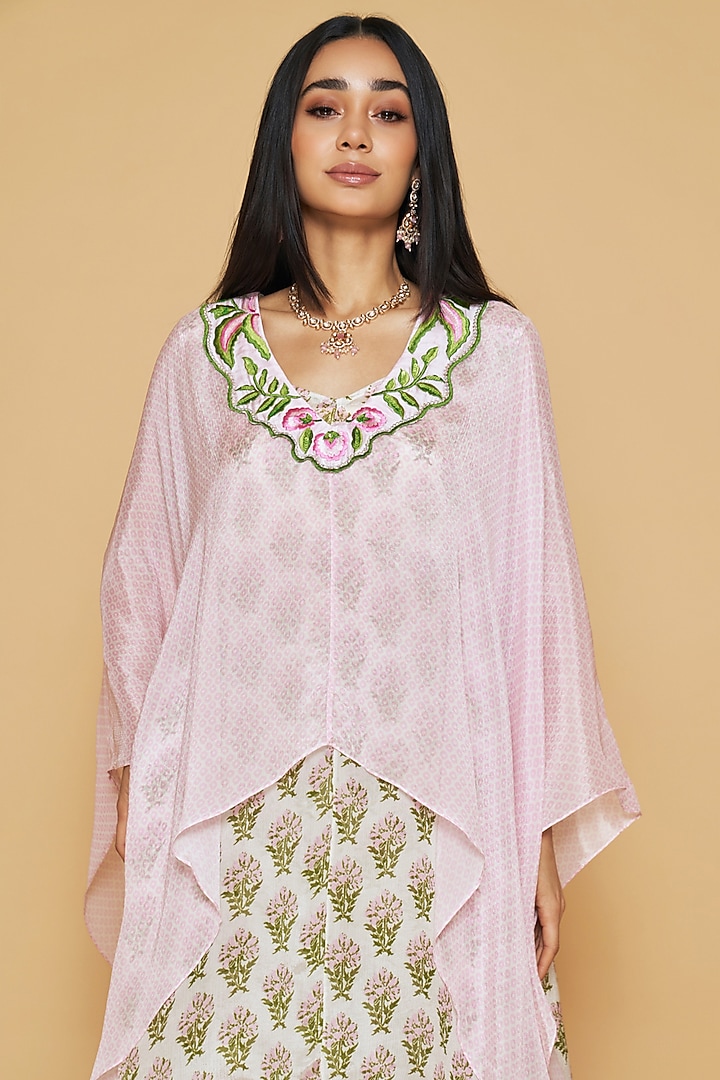 Pink & Ivory Chiffon Floral Printed Layered Tunic Set by Sakshi Girri at Pernia's Pop Up Shop
