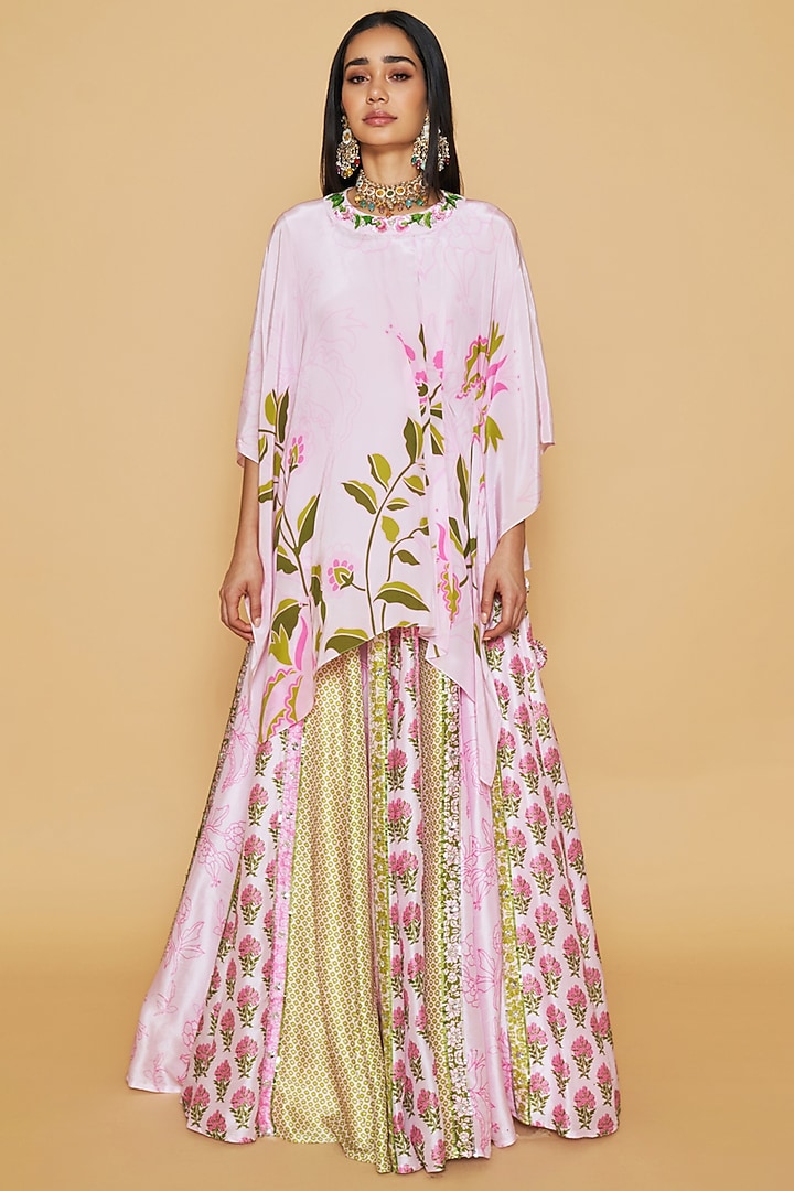 Pink Dupion Silk Floral Printed Jacket Wedding Lehenga Set by Sakshi Girri at Pernia's Pop Up Shop