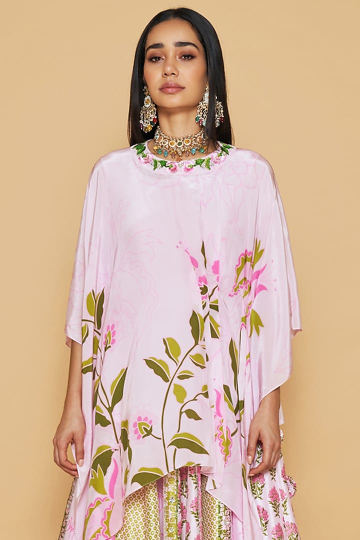 Pink Dupion Silk Floral Printed Jacket Wedding Lehenga Set by Sakshi Girri at Pernia's Pop Up Shop