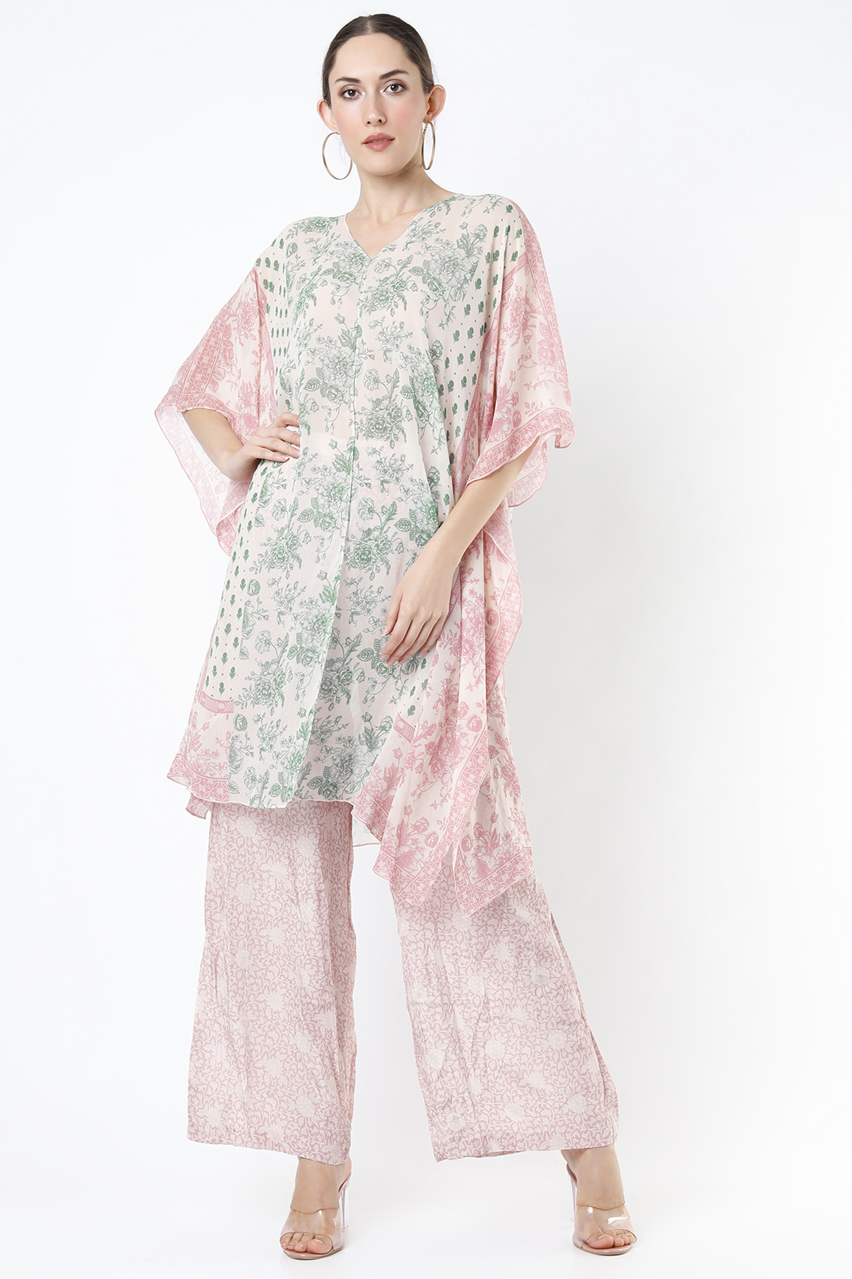 Salmon Pink & Pine Green Printed Kaftan by Sakshi Girri at Pernia's Pop Up Shop
