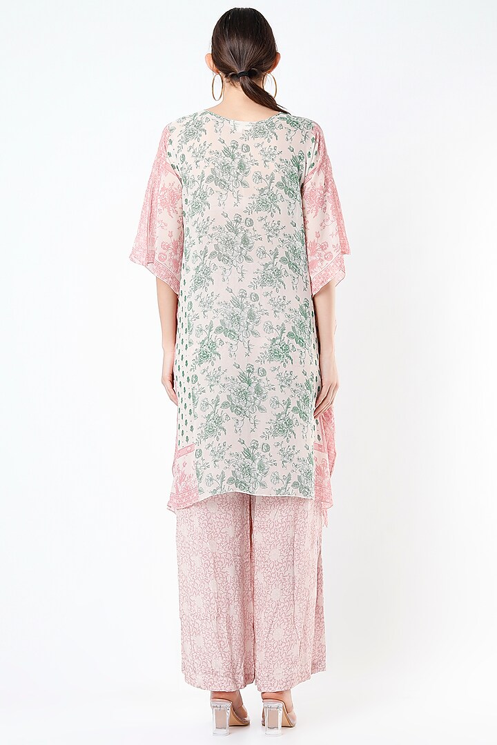 Salmon Pink & Pine Green Printed Kaftan by Sakshi Girri at Pernia's Pop Up Shop