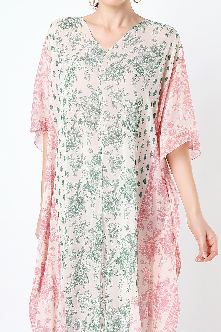 Salmon Pink & Pine Green Printed Kaftan by Sakshi Girri at Pernia's Pop Up Shop