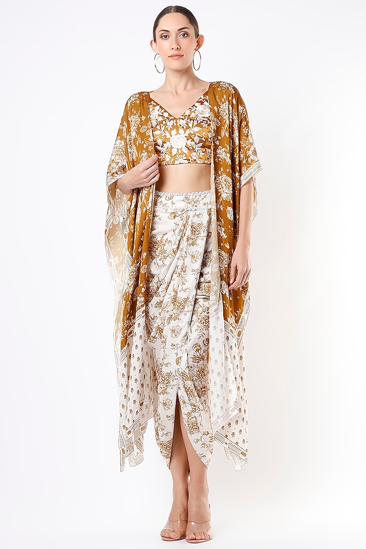 Mustard & Ivory Printed Draped Skirt Set by Sakshi Girri