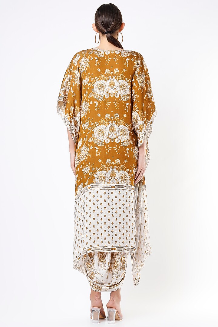 Mustard & Ivory Satin Floral Printed Draped Skirt Set by Sakshi Girri at Pernia's Pop Up Shop