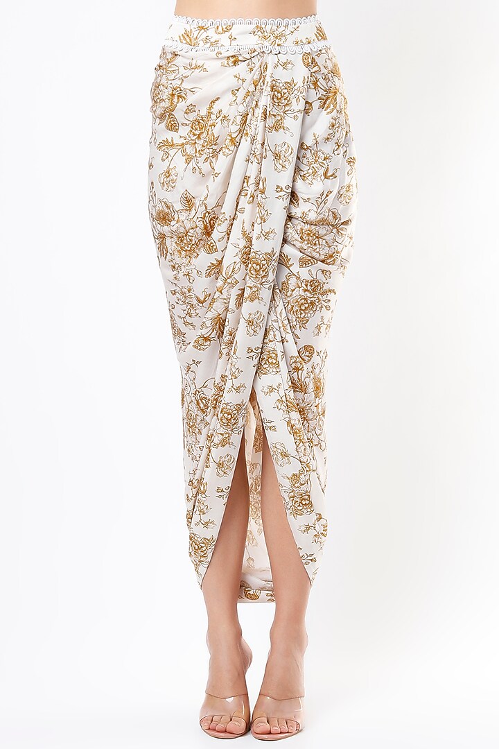 Mustard & Ivory Satin Floral Printed Draped Skirt Set by Sakshi Girri at Pernia's Pop Up Shop
