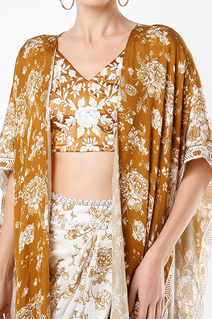 Mustard & Ivory Satin Floral Printed Draped Skirt Set by Sakshi Girri at Pernia's Pop Up Shop