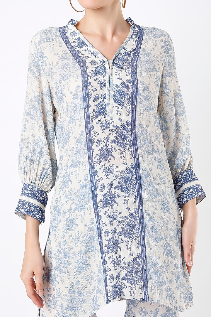 Cobalt Blue Floral Printed Tunic by Sakshi Girri at Pernia's Pop Up Shop