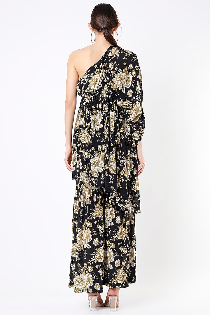 Black Crepe Printed Party Wear Sharara Set by Sakshi Girri at Pernia's Pop Up Shop