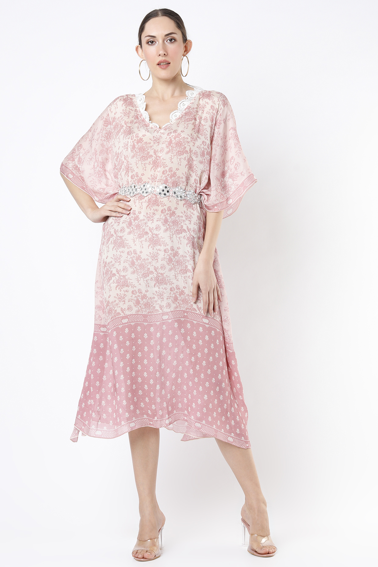 Salmon Pink Printed Kaftan With Belt by Sakshi Girri at Pernia's Pop Up Shop