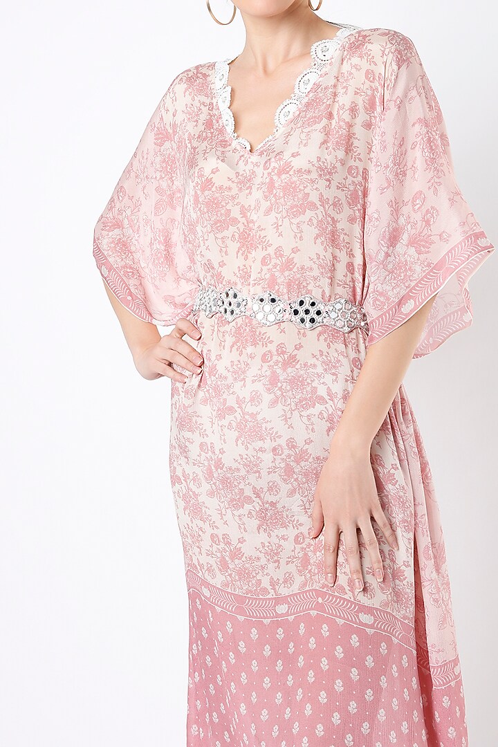 Salmon Pink Printed Kaftan With Belt by Sakshi Girri at Pernia's Pop Up Shop