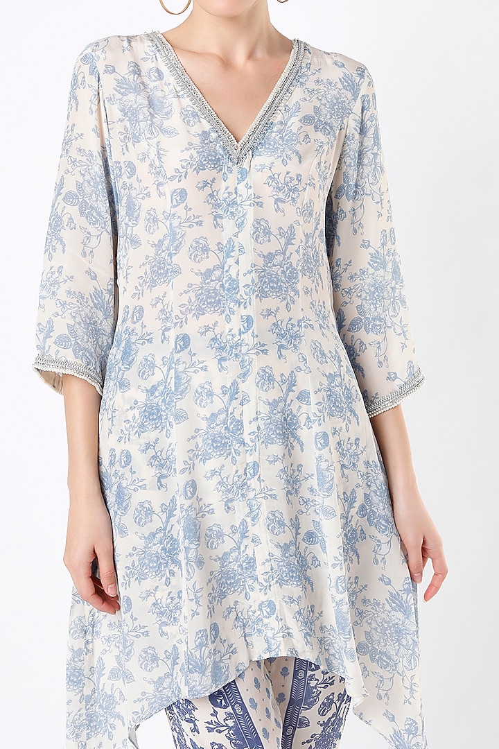 Cobalt Blue Floral Printed Tunic Set by Sakshi Girri at Pernia's Pop Up Shop