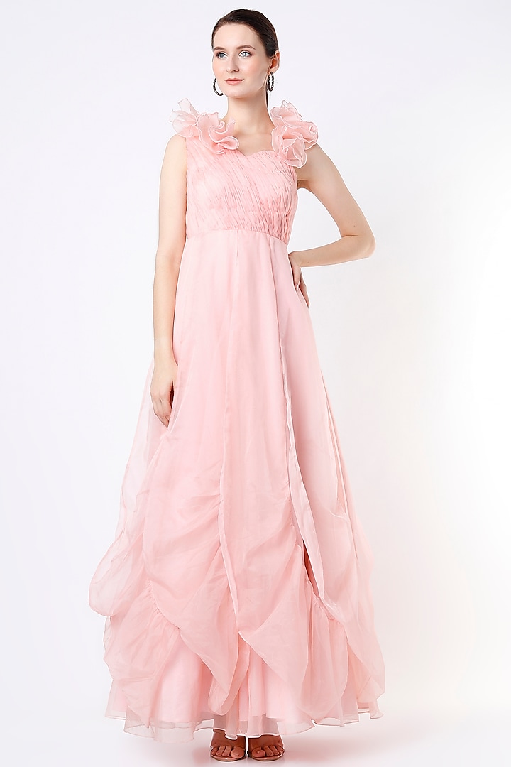 Blush Pink Ruffled Gown by Saloni Jain at Pernia's Pop Up Shop