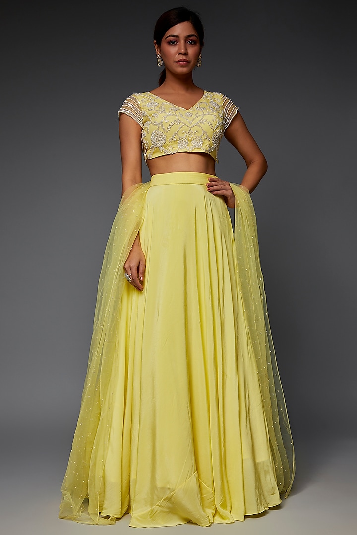 Lemon Yellow Russian Silk Flown Wedding Lehenga Set by Saloni Jain at Pernia's Pop Up Shop