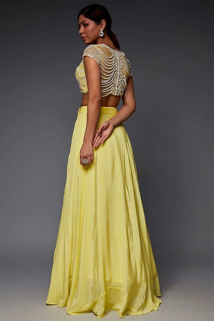 Lemon Yellow Russian Silk Flown Wedding Lehenga Set by Saloni Jain at Pernia's Pop Up Shop
