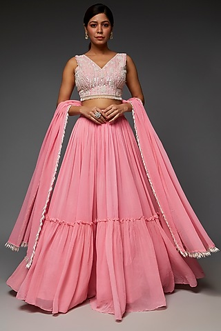 Rose Pink Russian Silk Ruffled Lehenga Set by Saloni Jain