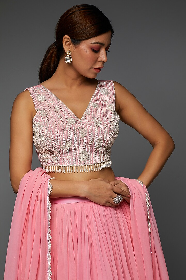Rose Pink Russian Silk Ruffled Wedding Lehenga Set by Saloni Jain at Pernia's Pop Up Shop