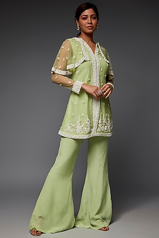 Green Net & Crepe Sharara Set by Saloni Jain