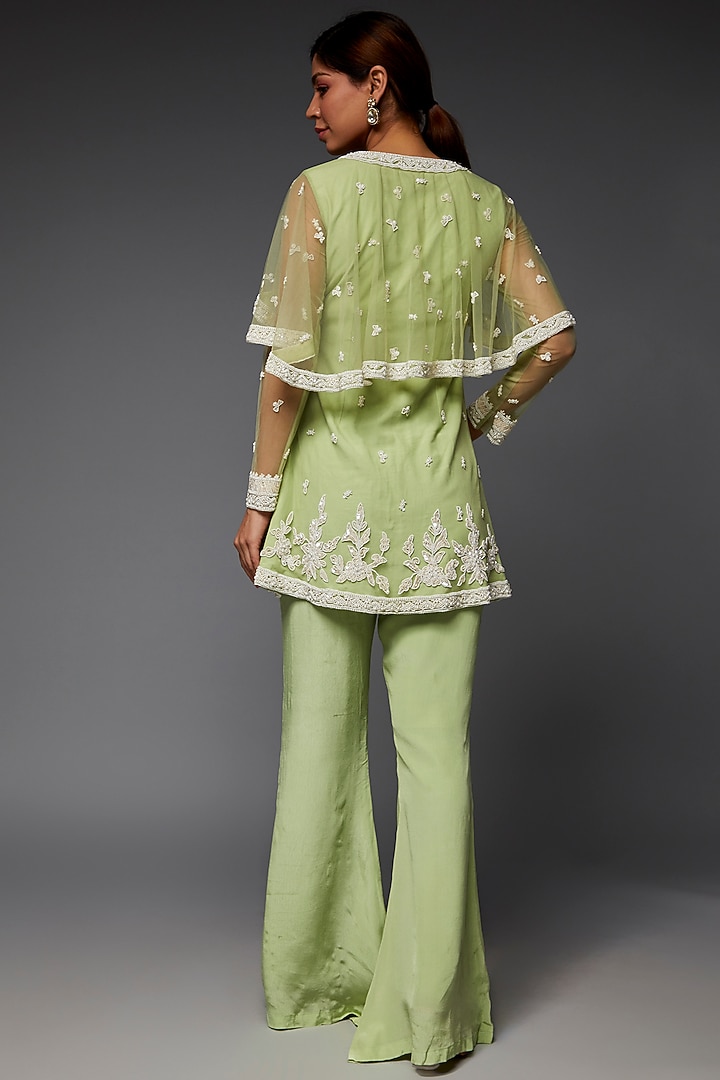 Green Net & Crepe Wedding Sharara Set by Saloni Jain at Pernia's Pop Up Shop