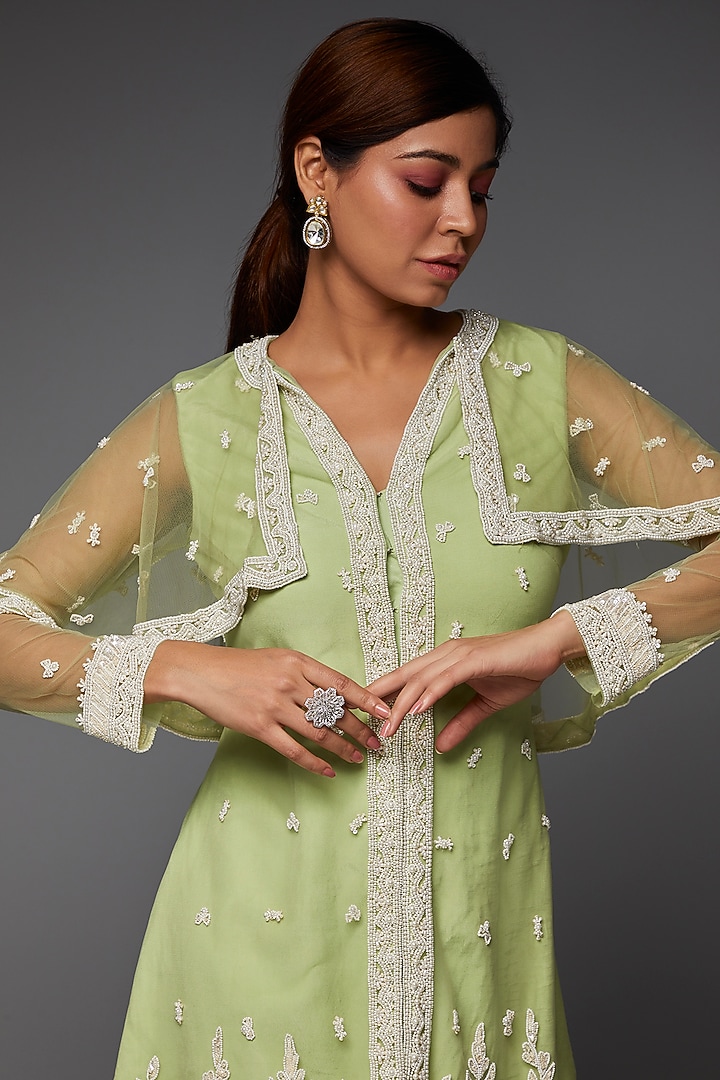Green Net & Crepe Wedding Sharara Set by Saloni Jain at Pernia's Pop Up Shop