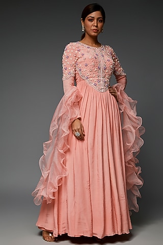 Rose Pink Georgette Embellished Anarkali Set by Saloni Jain