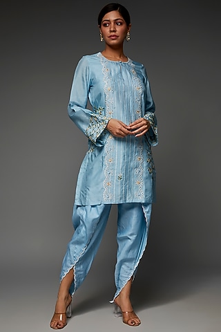 Sky Blue Silk Dhoti Set by Saloni Jain
