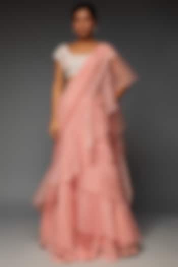 Rose Pink Georgette & Organza Ruffled Saree Set by Saloni Jain
