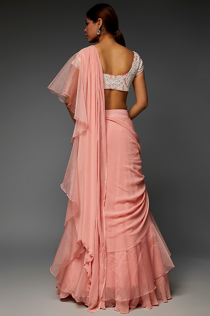 Rose Pink Georgette & Organza Ruffled Wedding Saree Set by Saloni Jain at Pernia's Pop Up Shop